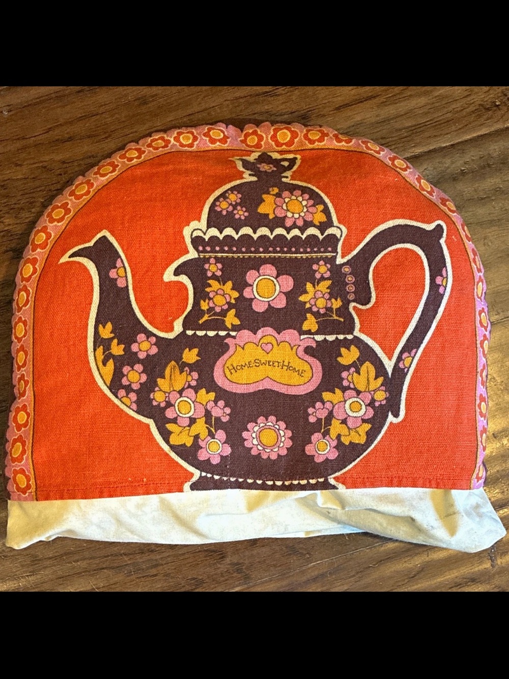 Retro Vintage Linen Orange Floral Teapot Cozy Tea Cozy Flower Power